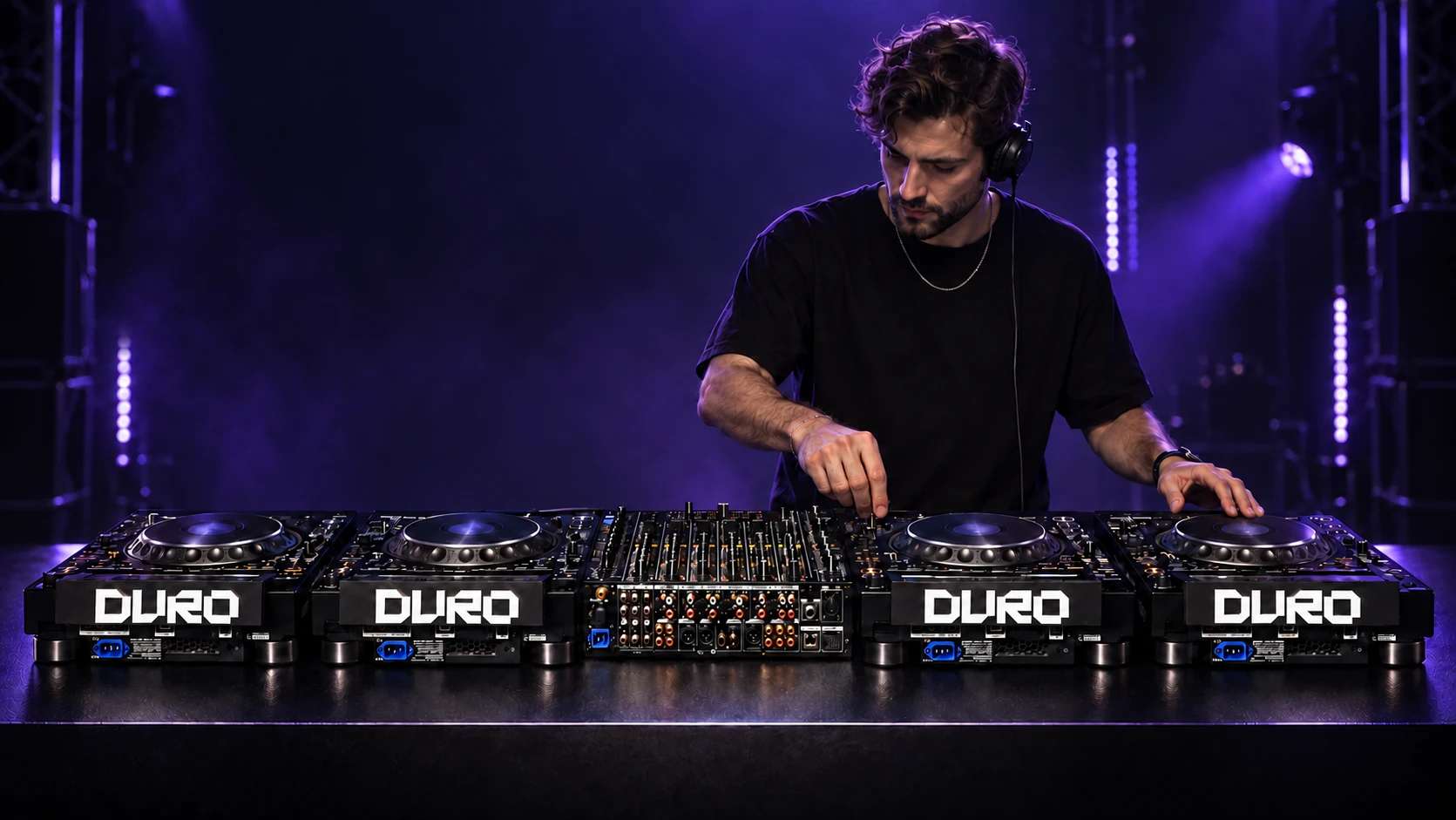 DJ en su cabina con cuatro equipos, mixer central y placas personalizadas DURO