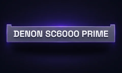 Deckname para Denon SC6000 Prime: pieza oscura, texto blanco en relieve y luz violeta